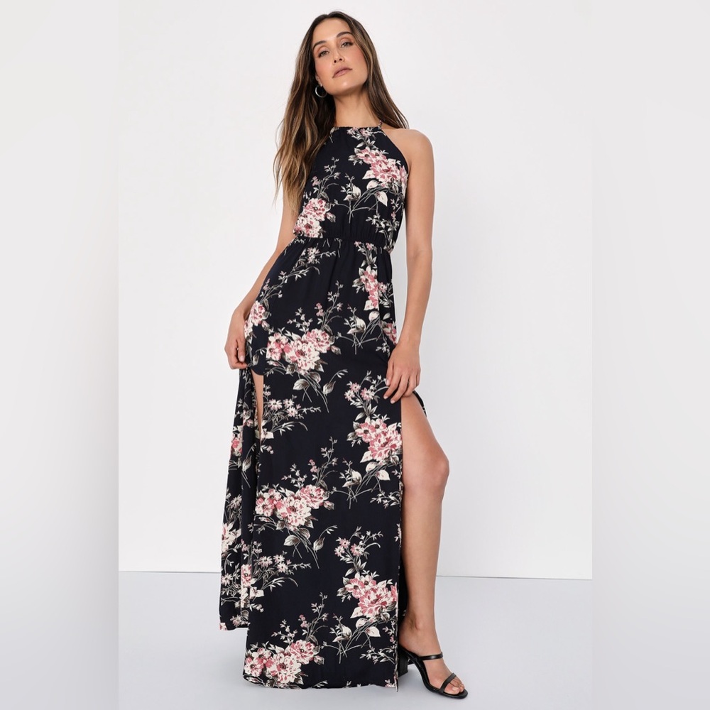 Lulus Feel the Music Midnight Blue Floral Print Maxi Dress